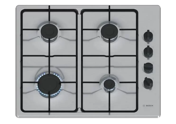Поверхность газовая Bosch PBP6B5K80 (Serie2 / нерж. сталь / эмал. решетки / 4 конфорки (1,75/1,0/1,75/3,0кВт) / электроподжиг / газконтр.)-0