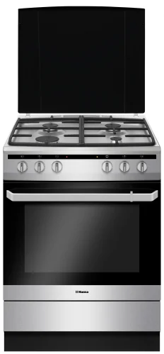 Плита комбинированная Hansa FCMX68020 (Нерж.сталь / духовка -62 л / 4 газовые конфорки / чугунная решетка / металл. крышка / электроподж. / газконтр,)-0