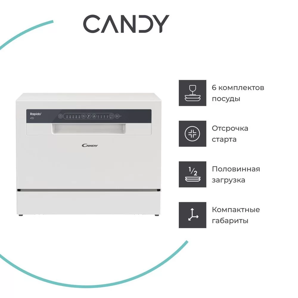 Машина посудомоечная отдельностоящая компактная Candy RAPIDO` CP 6F51LW-08 (6 комплектов / Расход воды - 6,5 л / Белая)-0