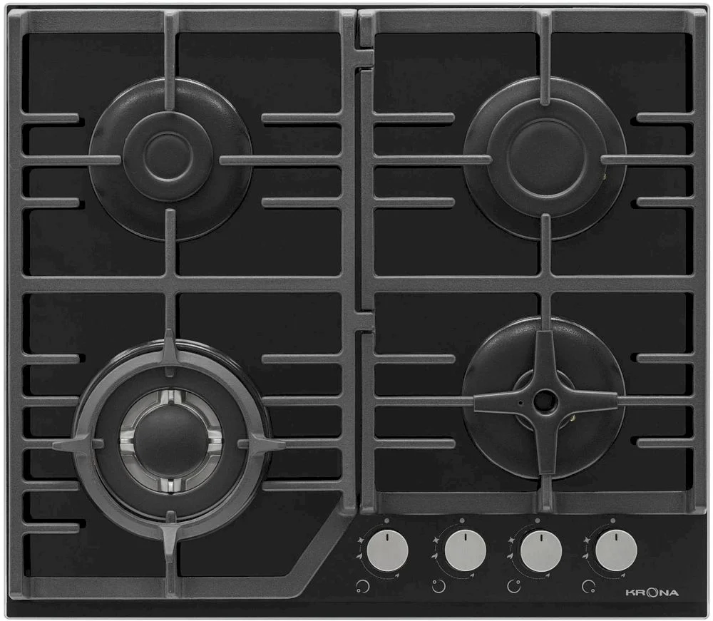 Поверхность газовая KRONA CORNIOLA 60 BL (Чёрный / 4 конфорки /1,7 кВт / 2,6 кВт / 3,8 кВт WOK / 1 кВт / закаленное стекло / чугун. реш.)-0