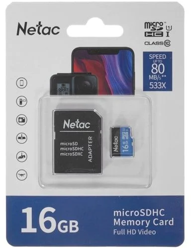Память micro Secure Digital Card  16Gb class10 Netac / c адаптером SD / NT02P500STN-016G-R/-0