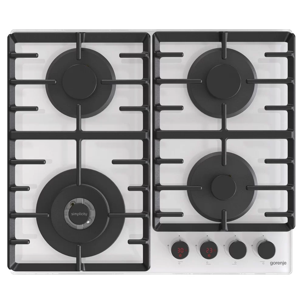 Поверхность газовая Gorenje GKTW642SYW (Simplicity 2.1 / Белое стекло / 4 конфорки / Чугунные решетки / Электроподжиг / Таймер)-2