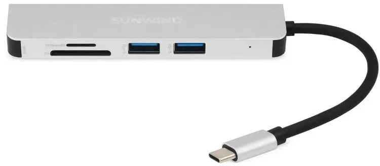 Док-станция SunWind SW-DS032, USB Type-C на HDMI + 1*USB Type-A 3.0 + 1*USB Type-A 2.0 + USB Type-C PD 87W + MicroSD серебристый-0