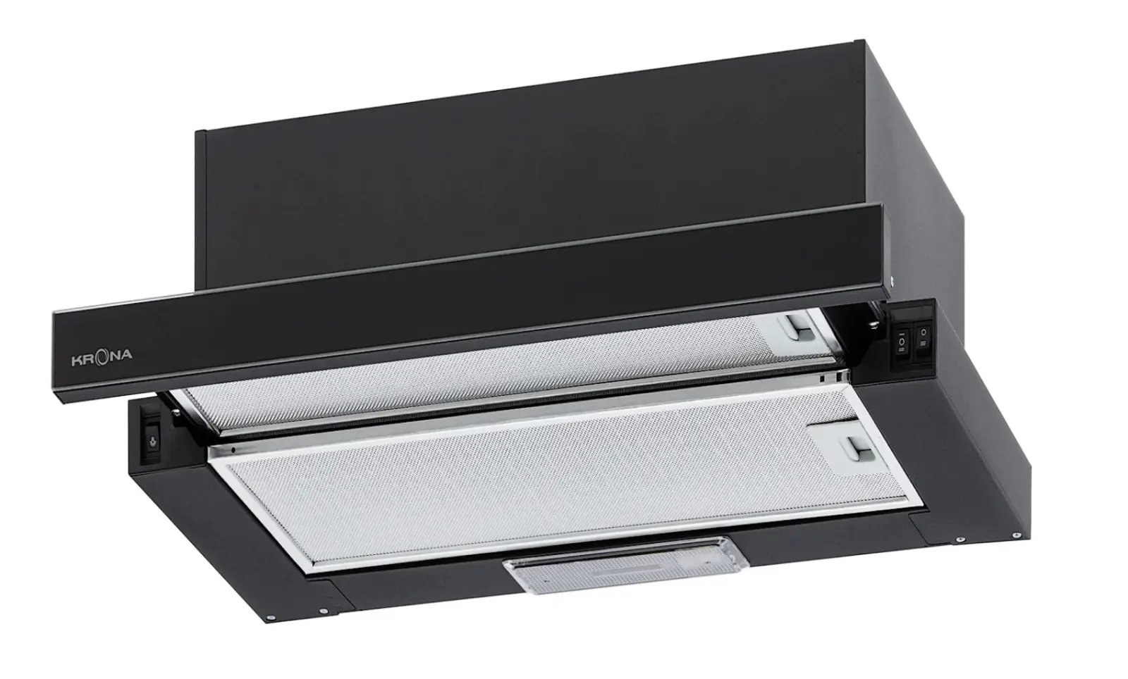 Вытяжка телескопическая KRONA KAMILLA 600 AIR 2B (1066 м³/ч / 2*90 Вт / галогенная лампа 1x28 Вт / ширина - 60 см / черный / стекло)-0