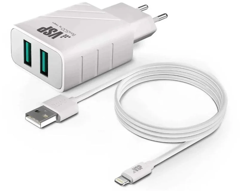 Сетевое зарядное устройство Borasco, (2*USB/2,4A + кабель Lightning, 1м), Белое-0
