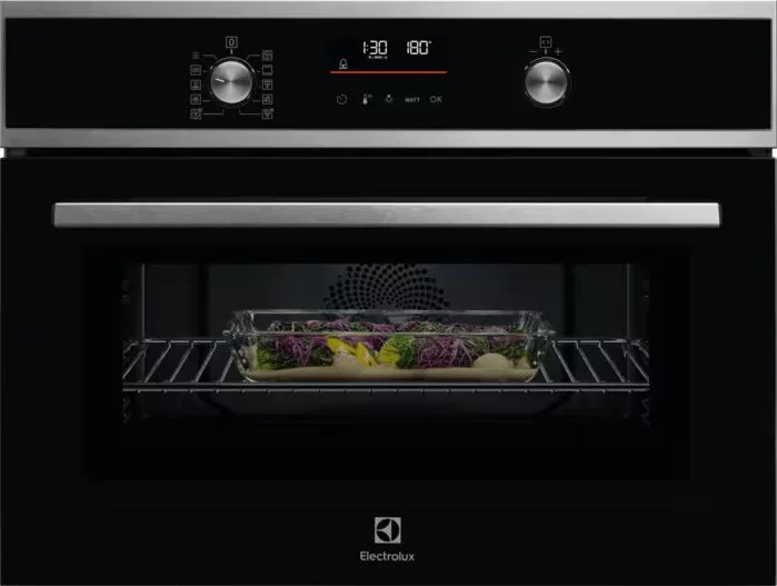 Духовой шкаф с СВЧ Electrolux EVL6E49X (CombiQuick 600 / 44л / до 250°C / Нерж. сталь + чёрное стекло / традиц. очистка / боковые напр.)-0