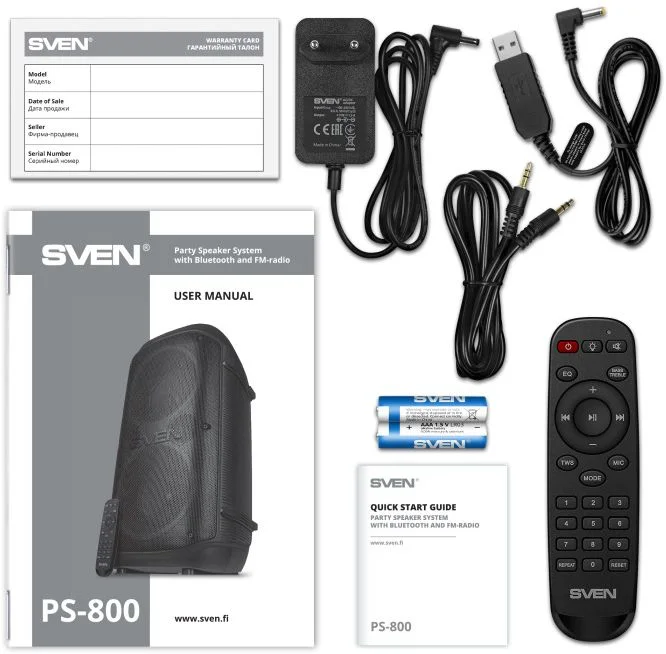 Беспроводная портативная колонка SVEN PS-800 / 100W / TWS / microSD / USB / FM / Bluetooth /  Батарея 2*4400mAh / LED подсветка / дисплей / караоке /-13