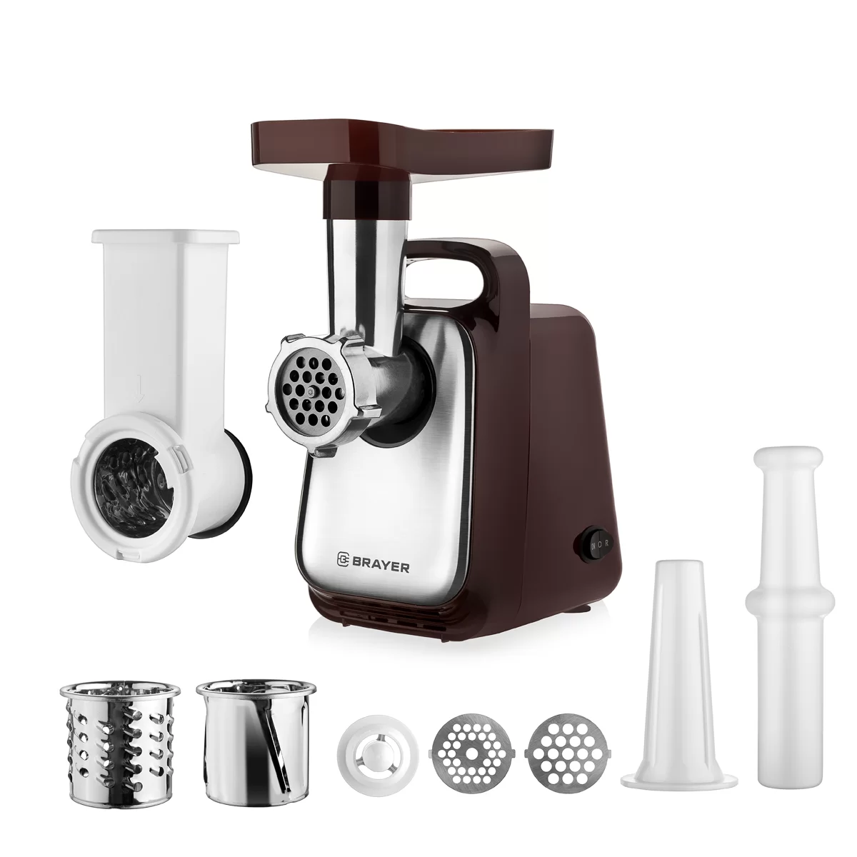 Мясорубка Brayer BR1601 (1300 Вт / 1.5 кг/мин / корпус - пластик / лоток - пластик / реверс / 6 насадок / коричневый)-0