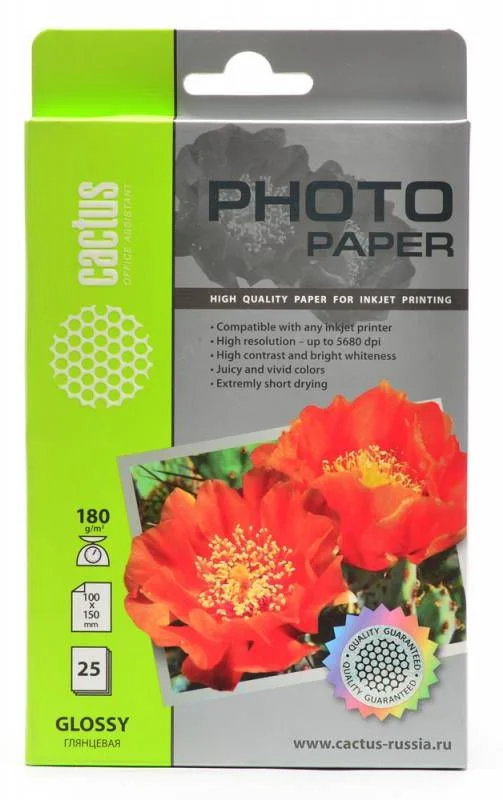 Фотобумага Cactus CS-GA618025 10x15/180г/м2/25л./белый глянцевое для струйной печати-0