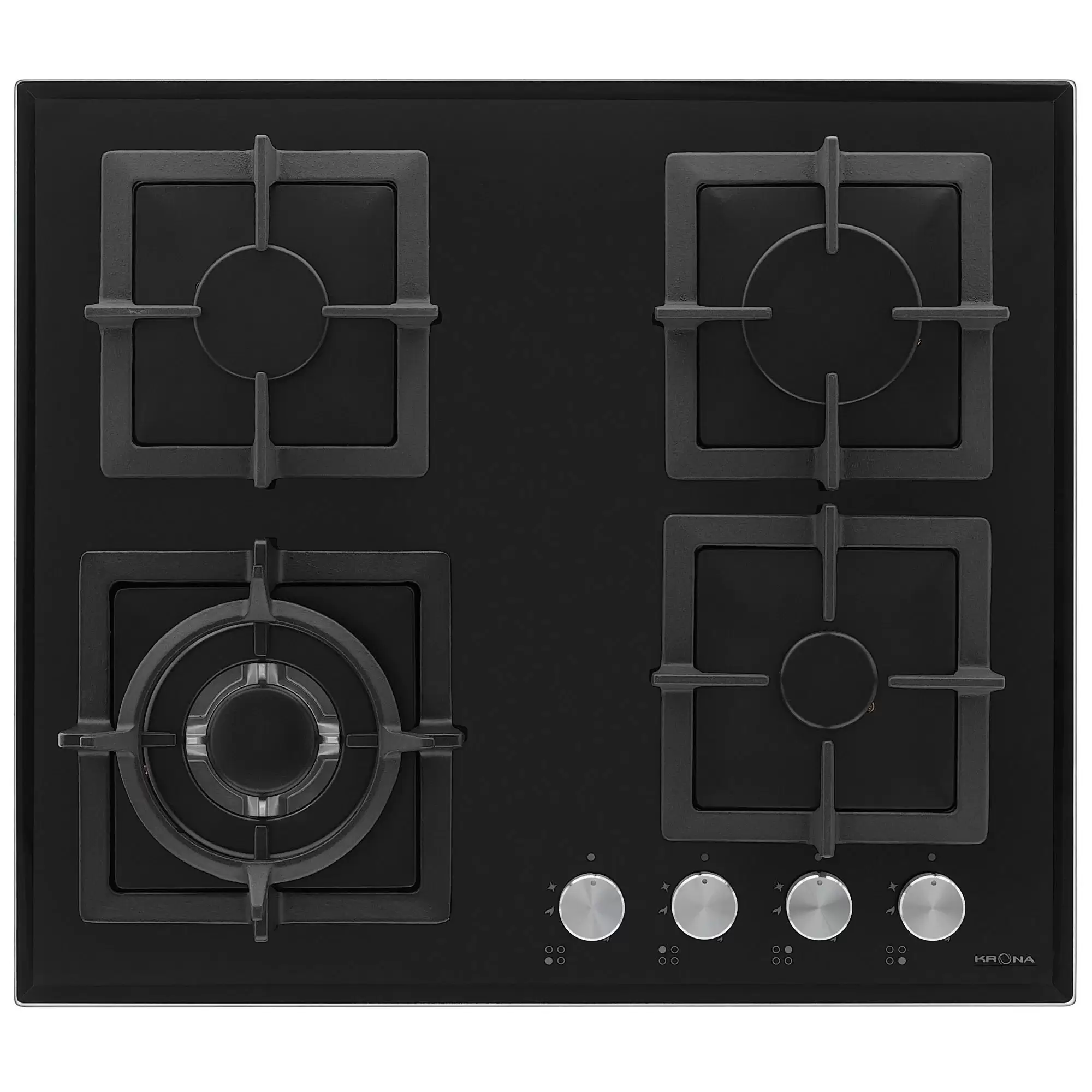 Поверхность газовая KRONA CALORE 60 BL (Чёрный / 4 конфорки /1,7 кВт / 2,6 кВт / 3,8 кВт WOK / 1 кВт / закаленное стекло / чугун. реш.)-0