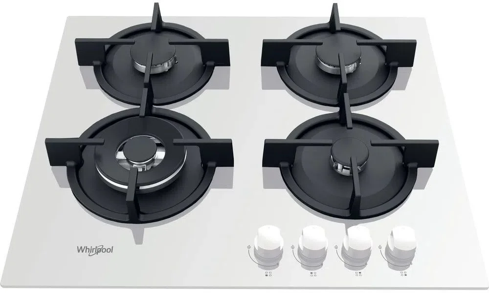 Поверхность газовая Whirlpool AKT 625/WH (Белая / 4 конфорки / Чугунные решетки / Закаленное стекло / Электроподжиг / Газ контроль)-0