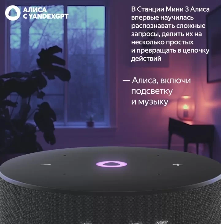 Умная колонка Яндекс Станция Мини 3 с Алисой, чёрная-5