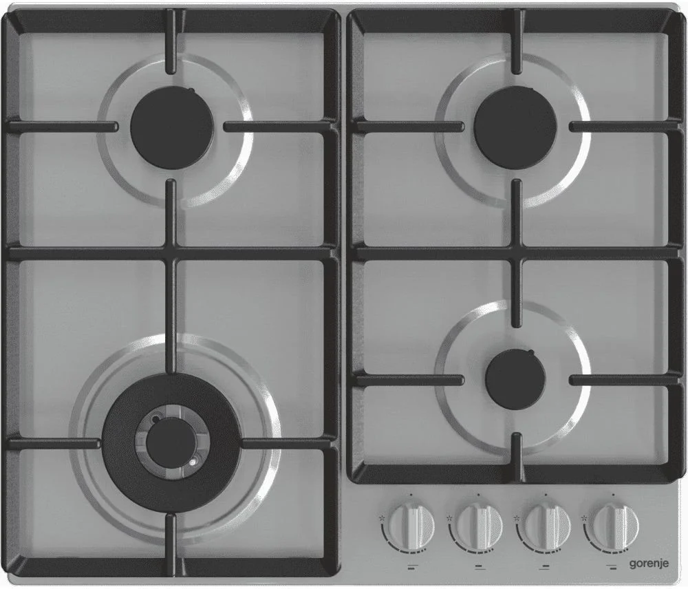 Поверхность газовая Gorenje GW641EX (Essential / Нерж. / нержавеющая сталь / Чугунные решетки / BigSurface / WOK)-1