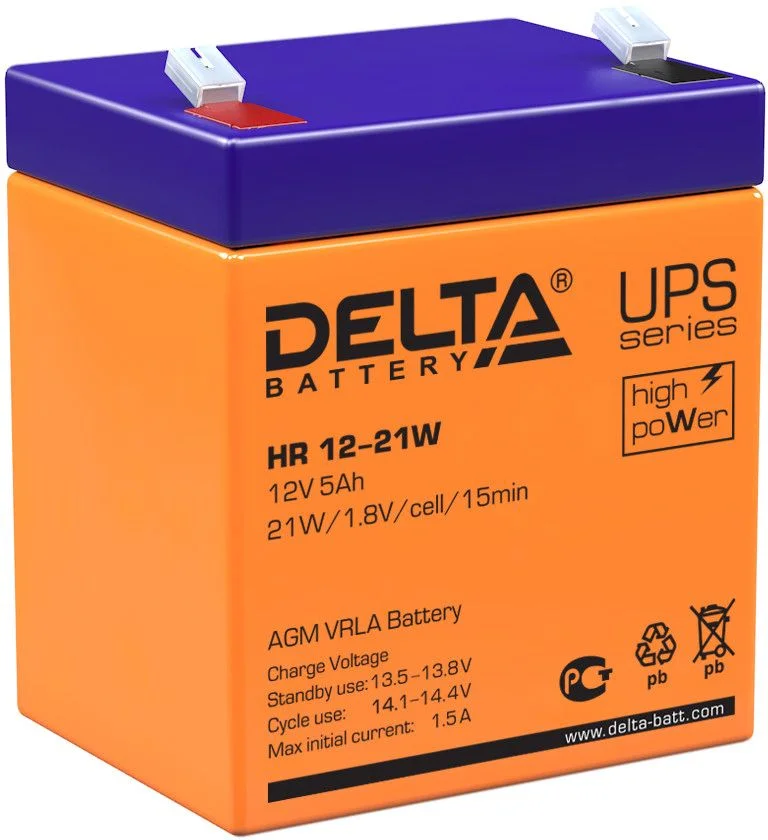 Батарея 12V/ 5,0Ah DELTA HR 12-21 W клеммы F2 срок службы 8 лет-0