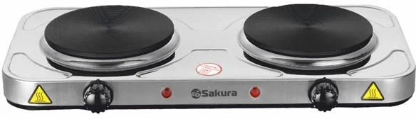 Плитка электрическая Sakura ПЭ-04Н (2 конфорки/ чугун/ дисковый нагреватель/ мощность 2000 Вт/ нерж.сталь)-0