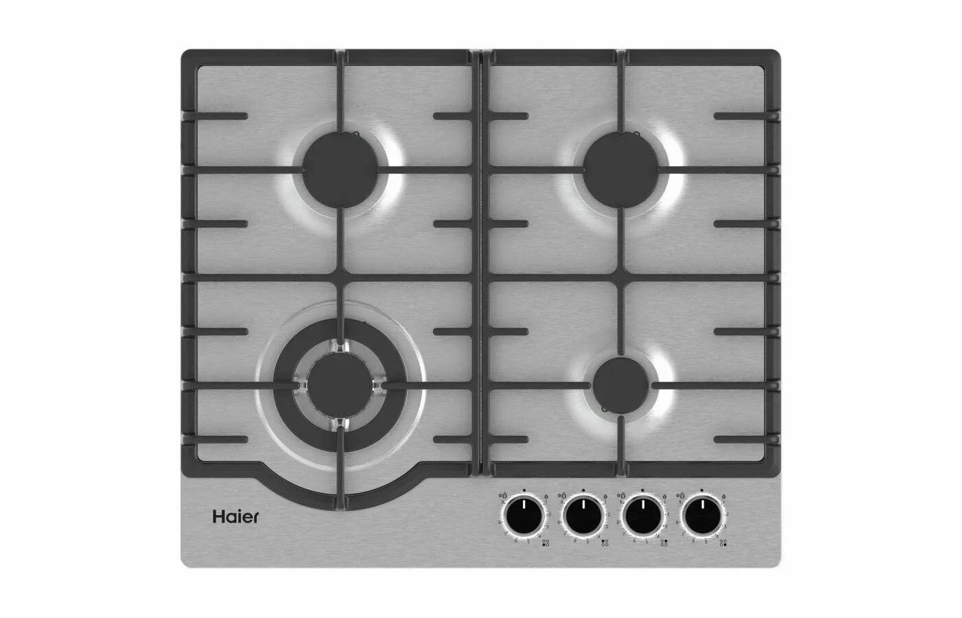 Поверхность газовая Haier HHX-M64RFVLX (Нерж. сталь / чугун. решетки / 4 конфорки (1,75/1,0/1,75/3,8 кВт) / WOK / газконтроль / электроподжиг)-0