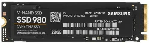 Жесткий диск SSD M.2 250 ГБ Samsung 980 NVMe PCI-E 3.0 x4, TLC, R2900/W1300 МБ/с, 2280, 150 TBW (MZ-V8V250BW)-0