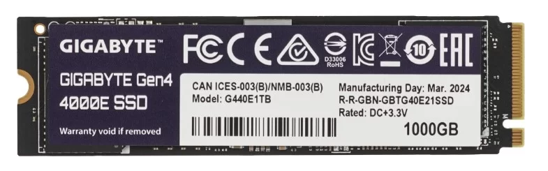 Жесткий диск SSD M.2 1 ТБ GIGABYTE Gen4 4000E NVMe PCI-E 4.0 x4, TLC, R4000/W3900 МБ/с, 2280, 320 TBW (G440E1TB)-0