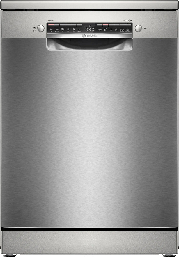 Машина посудомоечная отдельностоящая 60 см Bosch SMS4HVI00E (Serie4 / 14 комплектов / 3 полки / Расход воды - 9 л / HomeConnect / AntiFinger Silver)