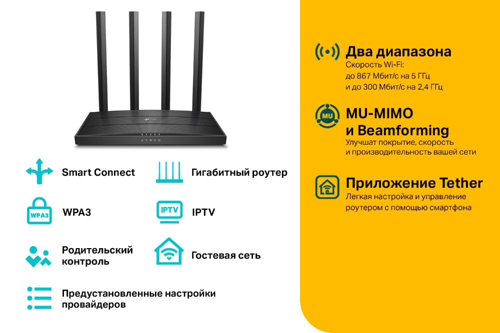 Маршрутизатор TP-LINK ARCHER C6 v2.0 AC1200 MU-MIMO Wi-Fi гигабитный роутер