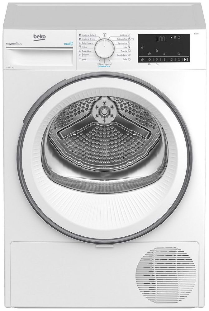 Сушильная машина с тепловым насосом Beko B3T68230 (54,3см / 8кг / OptiSense® / IonGuard® (Steam Cure) / А++)