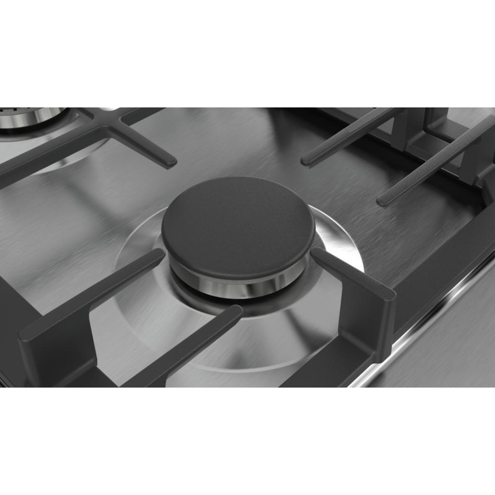 Поверхность газовая Bosch PCH6A5B90 (Serie6 / Нерж. сталь / Чугунные решетки / Газ-контроль / Электроподжиг / FlameSelect / 4 конфорки)