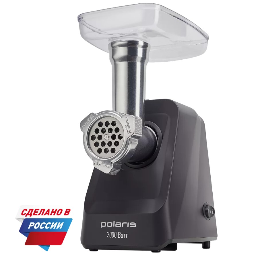 Мясорубка Polaris PMG 2050 RUS (2000 Вт / 2.5 кг/мин / корпус - пластик / лоток - пластик / реверс / 5 насадок / серый)