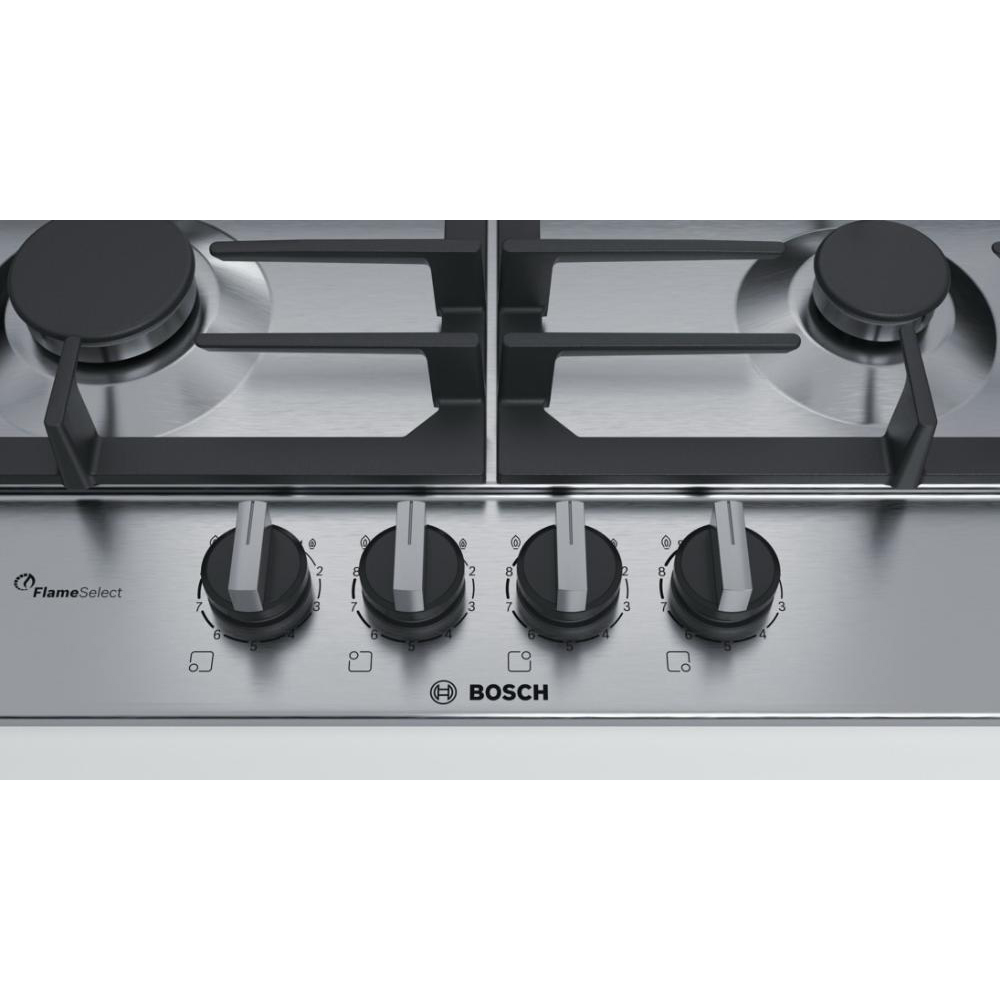 Поверхность газовая Bosch PCH6A5B90 (Serie6 / Нерж. сталь / Чугунные решетки / Газ-контроль / Электроподжиг / FlameSelect / 4 конфорки)