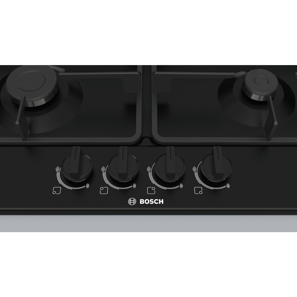 Поверхность газовая Bosch POH6B6B10 (Serie2 / Чёрное стекло / Стальные решетки / Газ-контроль / Электроподжиг / WOK / 4 конфорки)