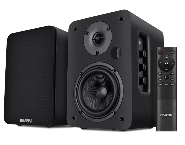 Колонки 2.0 SVEN SPS-830 / 60W / Питание - 220В / Аудиовыход на наушники / Bluetooth / Optical-in / HDMI / Чёрный / корпус - дерево (MDF)