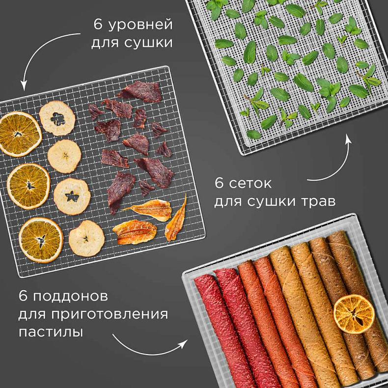 Сушилка для овощей и фруктов Redmond FD1105 (500 Вт, 35-70°C, 6 секций, регулировка температуры, дисплей, таймер)