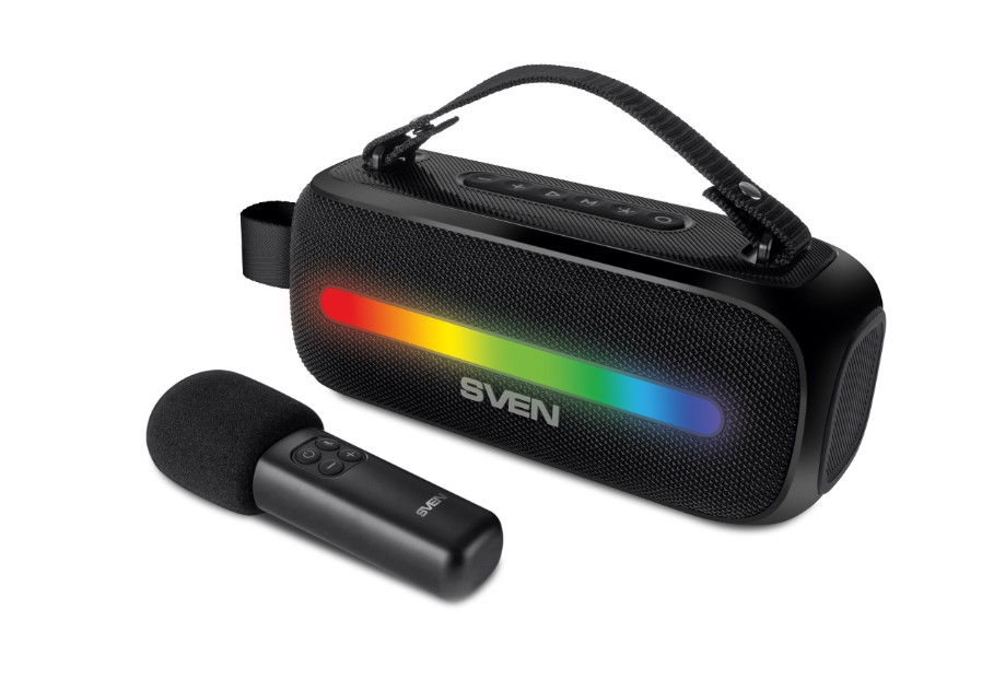 Беспроводная портативная колонка SVEN PS-255 / 2х6W / TWS / USB / Bluetooth / RGB подсветка / Батарея 3600mAh / Микрофон / Чёрный / материал - пластик