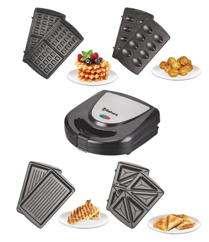 Мультипекарь Sakura SA-7420 (750 Вт/ гриль, сэндвичи, вафли, орешки / антипригарное покрытие/ корпус - металл, пластик)-0