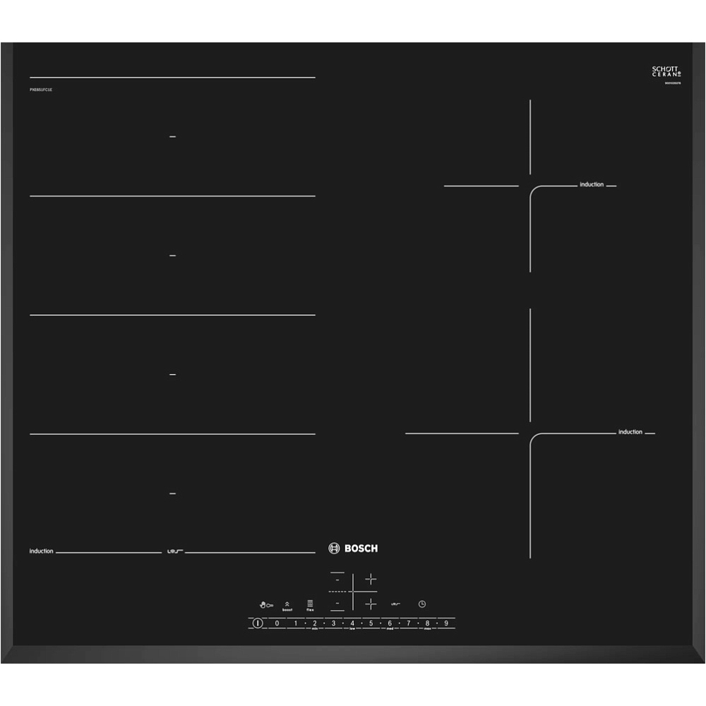 Поверхность индукционная Bosch PXE651FC1E (Serie6 / Чёрная стеклокерамика / 4 конфорки / QuickStart / PowerBoost/ReStart/PerfectFry/ Таймер / 7,4 кВт)