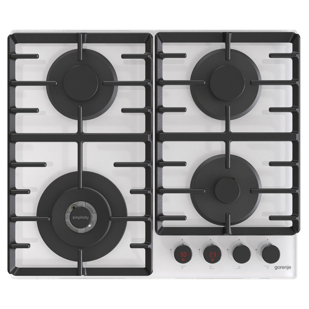 Поверхность газовая Gorenje GKTW642SYW (Simplicity 2.1 / Белое стекло / 4 конфорки / Чугунные решетки / Электроподжиг / Таймер)