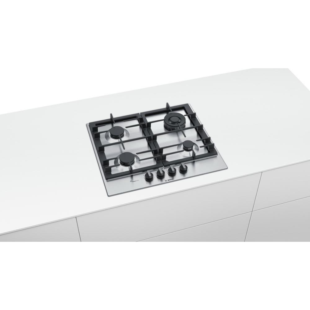 Поверхность газовая Bosch PCH6A5B90 (Serie6 / Нерж. сталь / Чугунные решетки / Газ-контроль / Электроподжиг / FlameSelect / 4 конфорки)