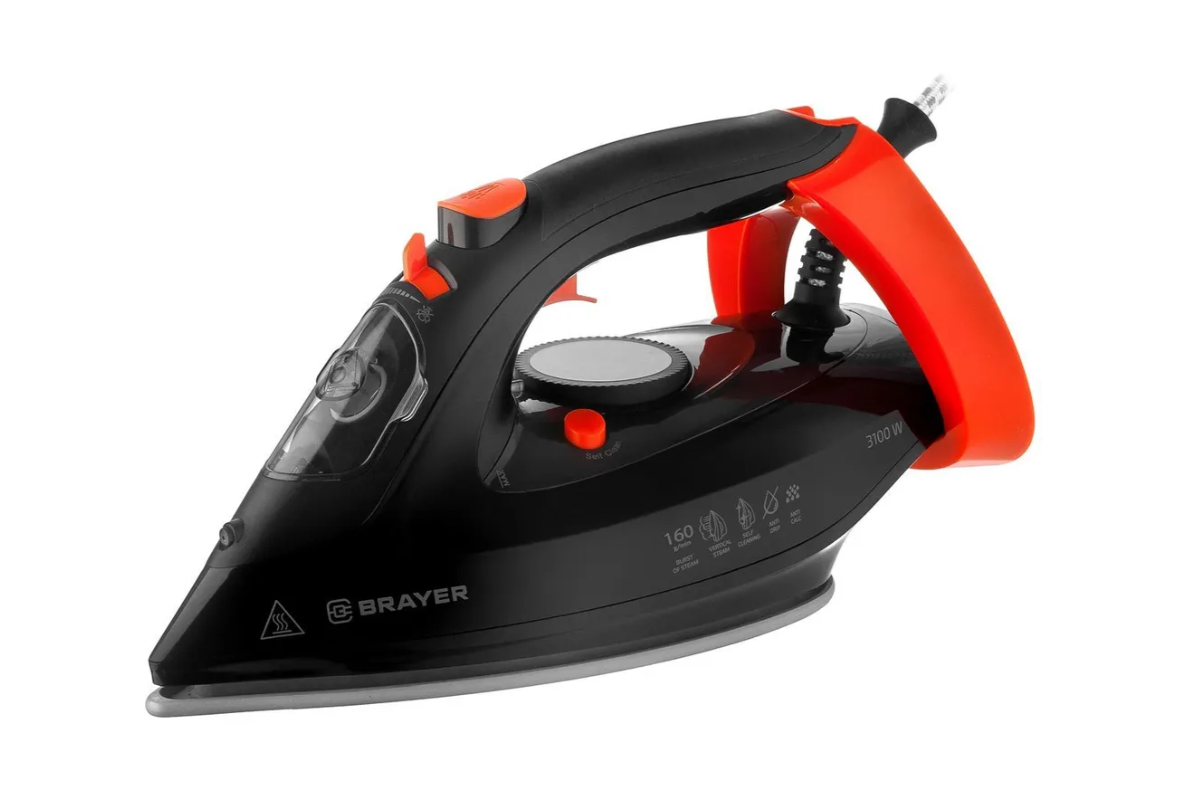 Утюг Brayer BR4007 чёрный/оранжевый (3100 Вт/ подошва - керамика / паровой удар - 160 г/мин/ 1,9 м/ автоотключение)