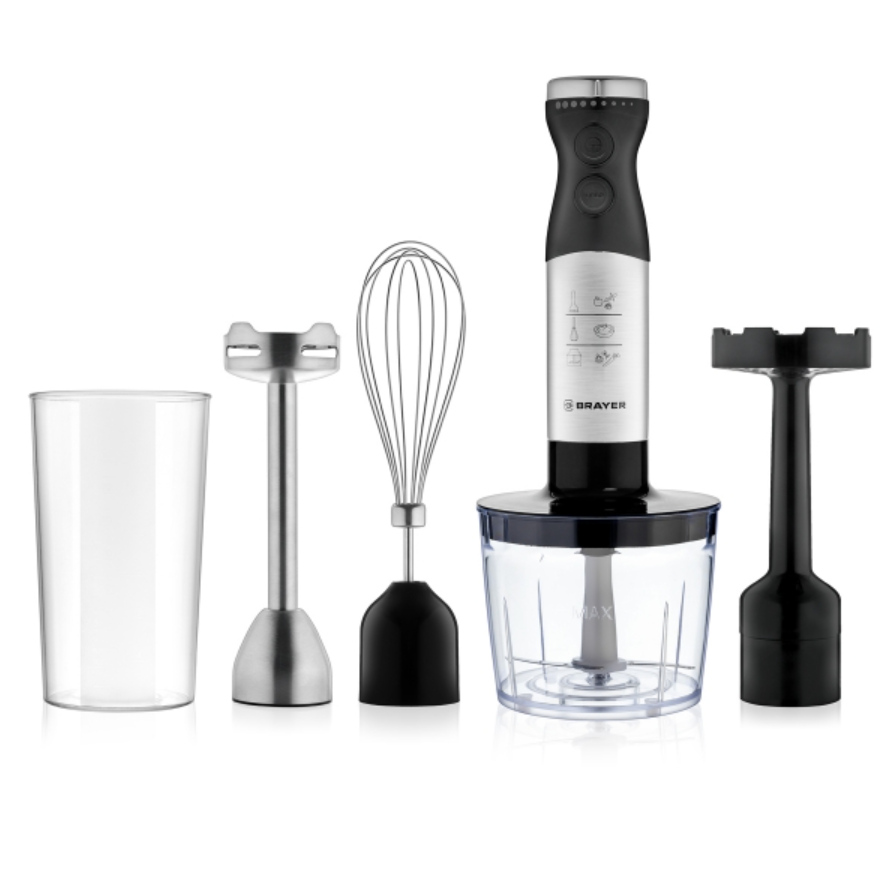 Блендер Brayer BR1244 (800 Вт / плавное переключение скоростей / турборежим / венчик, пюре, измельчитель, стакан)-0