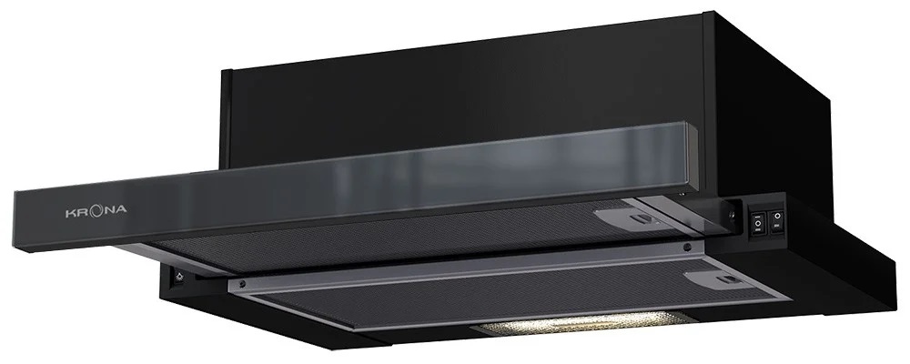 Вытяжка телескопическая KRONA KAMILLA 500 AIR 1B (449 м³/ч / 110 Вт / галогенная лампа 1x28 Вт / ширина - 50 см / черный / металл/стекло)