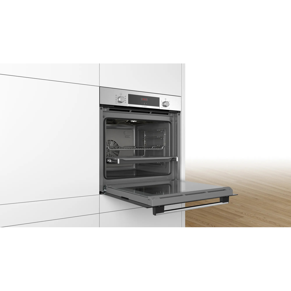 Духовой шкаф Bosch HBA534ES0 (Serie4 / 71 л / до 275 °C / Нерж.сталь + чёрное стекло / Гриль / съемные направл. / EcoClean Direct (задняя стенка) / A)