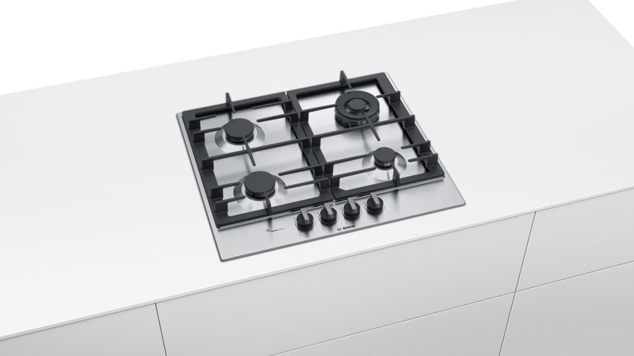 Поверхность газовая Bosch PCH6A5B90 (Serie6 / Нерж. сталь / Чугунные решетки / Газ-контроль / Электроподжиг / FlameSelect / 4 конфорки)
