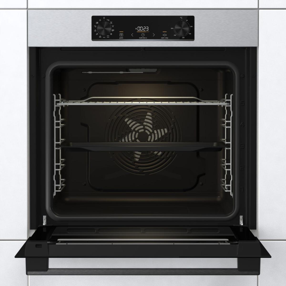 Духовой шкаф Gorenje BOB6737E01X (Essential / 77 л / до 300 °C / Нерж.+ чёрное стекло / AquaClean / PerfectGrill / съемные направляющие / А / IconLED)