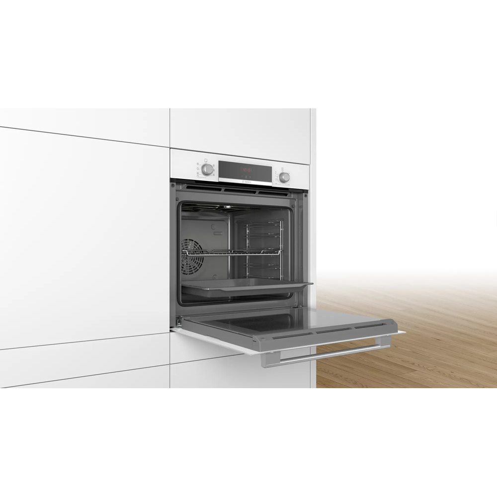 Духовой шкаф Bosch HBA534BW0 (Serie4 / 71 л / до 275 °C / Белое стекло / Гриль / съемные направляющие / EcoClean (задняя стенка) / A)