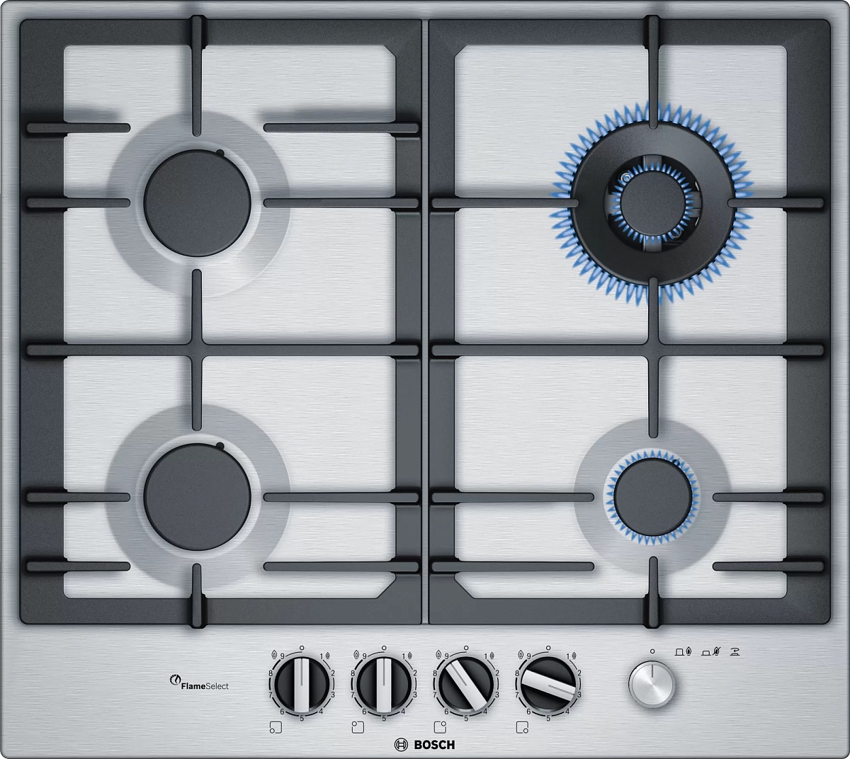 Поверхность газовая Bosch PCH6A5M90 (Serie6 / нерж / чугун / WOK / FlameSelect)