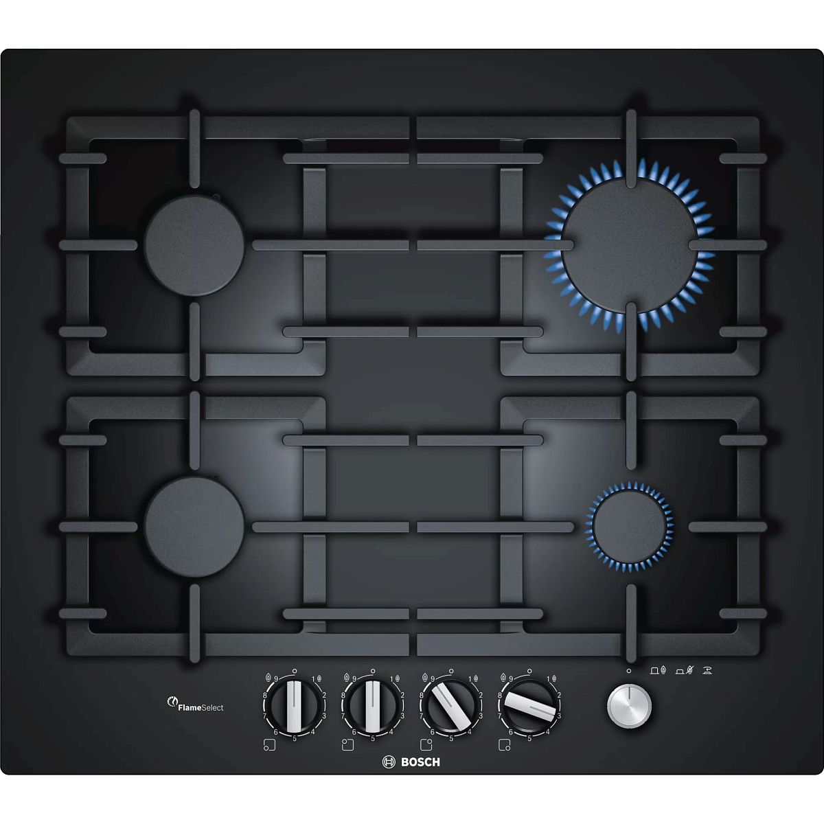 Поверхность газовая Bosch PPP6A6M90 (Serie6 / чёрный / закаленное стекло / чугун / FlameSelect)