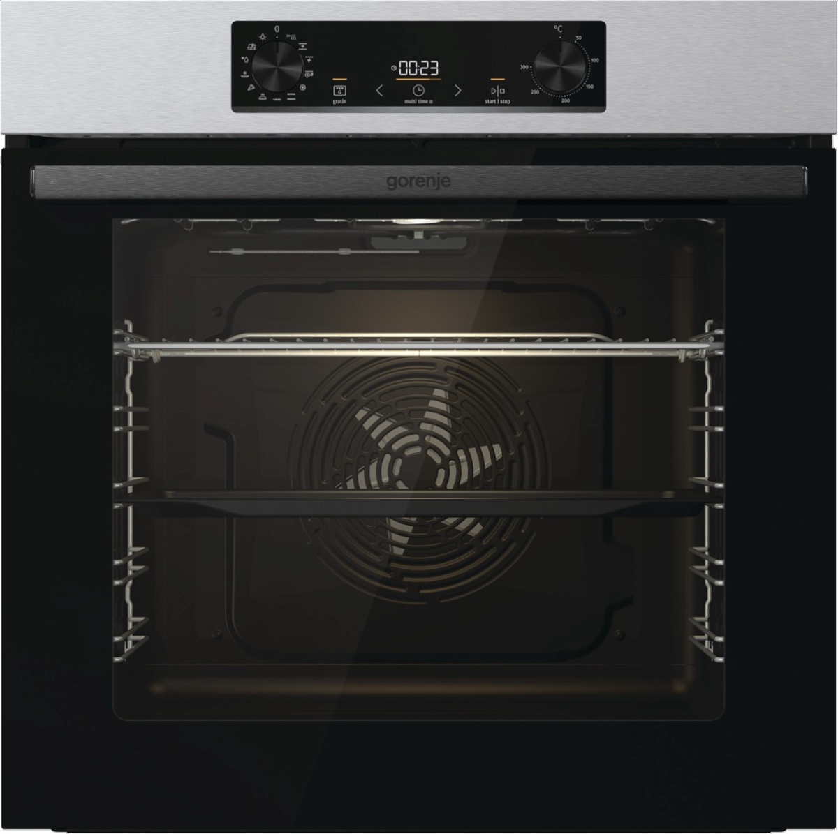 Духовой шкаф Gorenje BOB6737E01X (Essential / 77 л / до 300 °C / Нерж.+ чёрное стекло / AquaClean / PerfectGrill / съемные направляющие / А / IconLED)