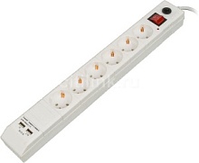 Сетевой фильтр Buro BU-SP5_USB_2A-W, длина - 5 метра, 6 розеток, 2 USB порта 2,1 А/1 A, ток нагрузки - 10 А, нагрузка - 2200 Вт, белый