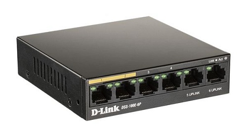 Коммутатор D-LINK DSS-100E-6P, Неуправляемый коммутатор с 6 портами 10/100Base-TX (4 порта PoE 802.3af/at, PoE‐бюджет 55 Вт, дальность до 250 м)