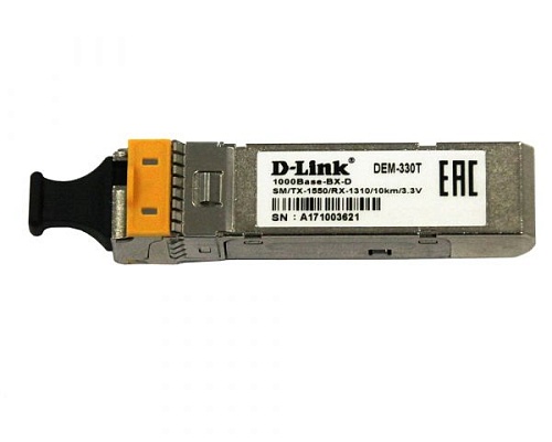 Модуль D-LINK DEM-330T/10KM WDM SFP-трансивер с 1 портом 1000Base-BX-D (Tx:1550 нм, Rx:1310 нм) для одномодового оптического кабеля (до 3/10 км)