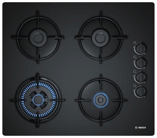 Поверхность газовая Bosch POH6B6B10 (Serie2 / Чёрное стекло / Стальные решетки / Газ-контроль / Электроподжиг / WOK / 4 конфорки)